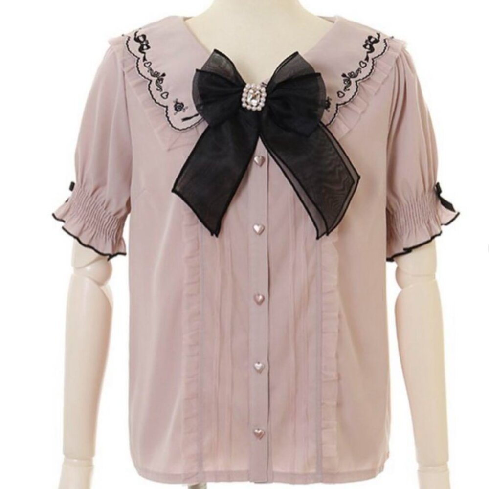 Taobao Jirai Kei Lolita Pink and Black Short Puff Sleeve Sailor Blouse
